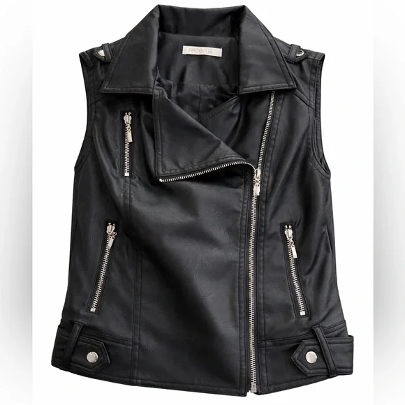ARDEN B Black Faux Leather Moto Vest Silver Zipper Sleeveless Jacket Medium - Picture 3 of 9